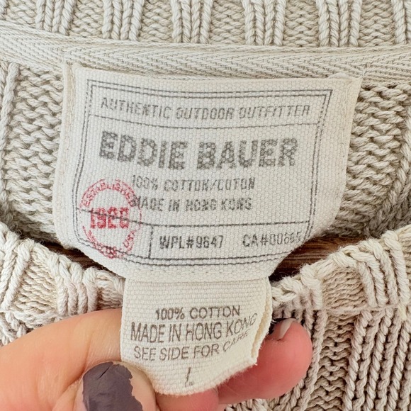 VTG‎ Eddie Bauer Cotton Sweater Fisherman Beige Cable Knit Men's L Classic TSITP - Picture 7 of 10